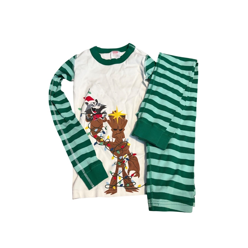 Marvel Hanna Andersson Pajamas Holiday Groot Rocket Green Striped Set Kids 10